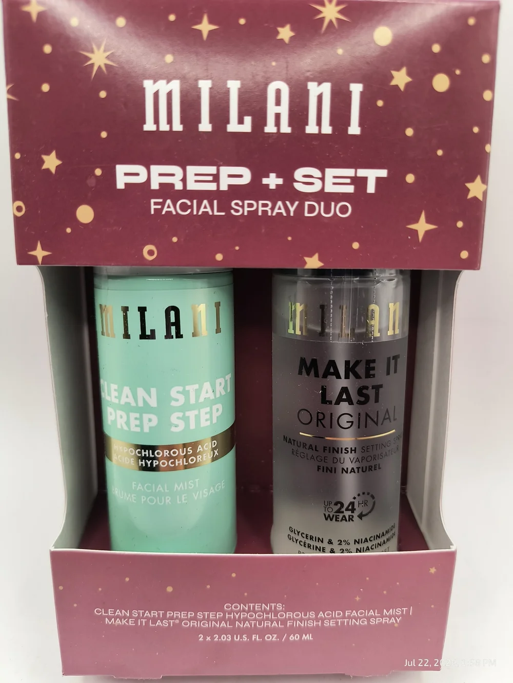 Milani Prep + Set Facial Spray Duo NIB Facial Mist Setting Spray Hypochlorous